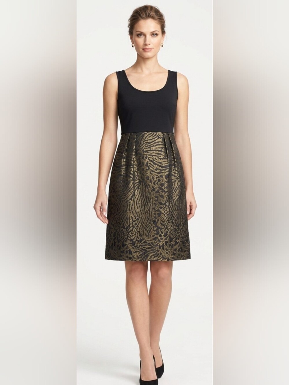 DKNY Black Bodice with Gold Animal-Jacquard Dress Size 12
